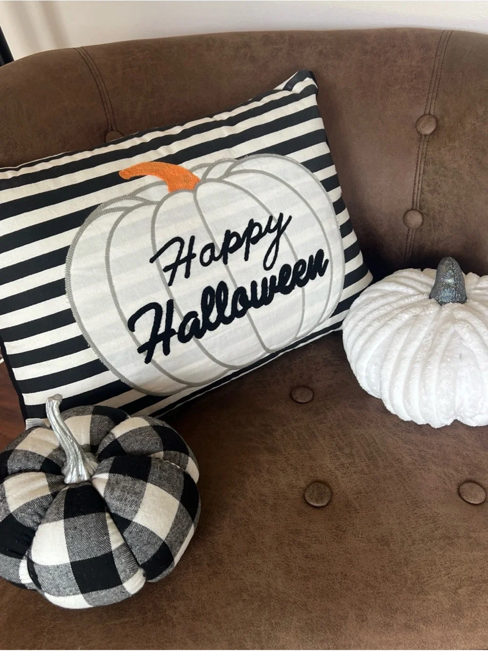 Happy Halloween White & Black Striped Decorative Pillow and Pumpkins